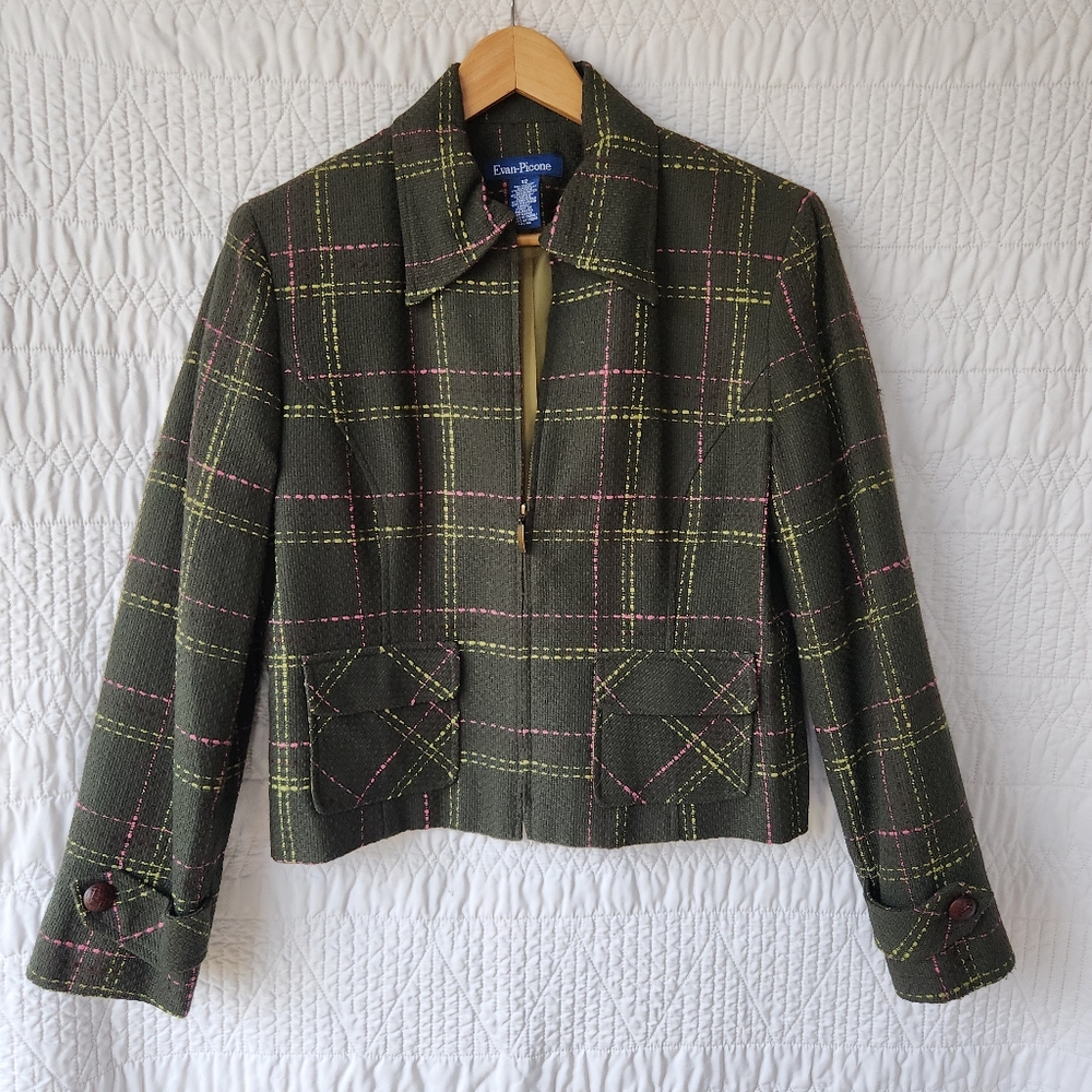 Vintage Plaid with Brass Details Jacket Blazer β’ Size 12 β’ Green Pink Tweed
